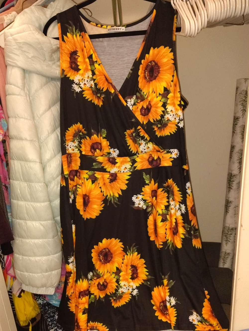 Sunflower-Print Black Wrap Dress by OUBERRY